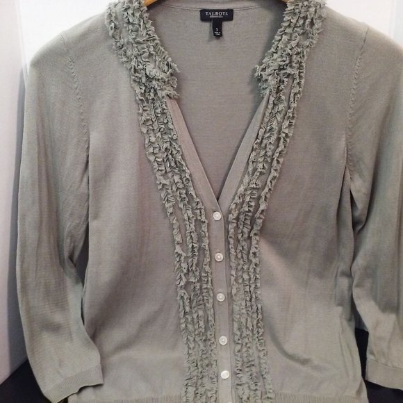Talbots Silk-Cotton Fine Knit Cardigan Top Ladies sz-Small Fringe V-Neck Sage - Picture 2 of 10